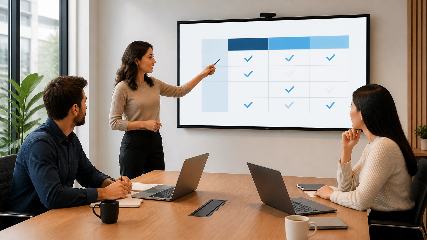 A team in a modern office reviewing a strategic comparison table