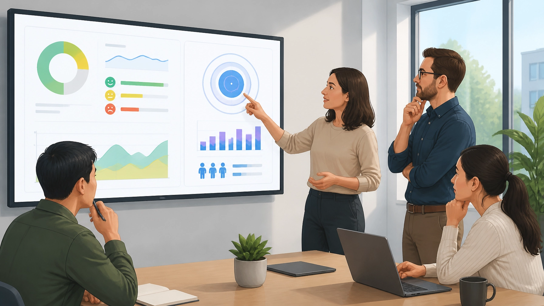 A marketing team analyzing qualitative data like sentiment and audience alignment on a clean dashboard.