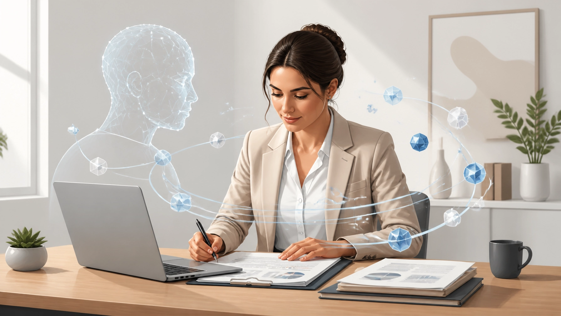 A consultant in a clean professional setting supported by abstract geometric nodes and pathways, representing a hybrid human-and-AI workflow.