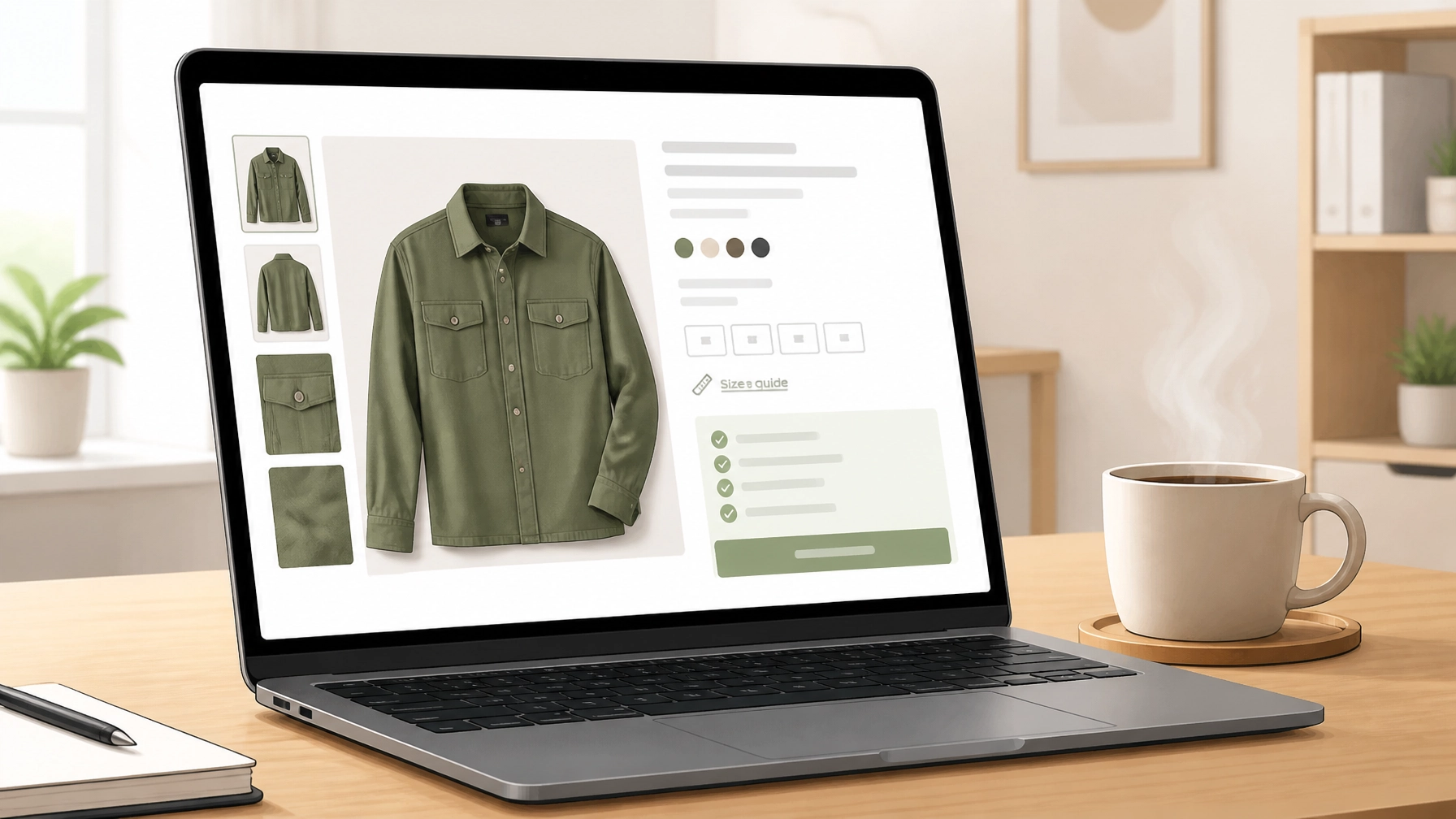 A sleek laptop showing a low-debt product detail page with clear size guides and stock indicators.