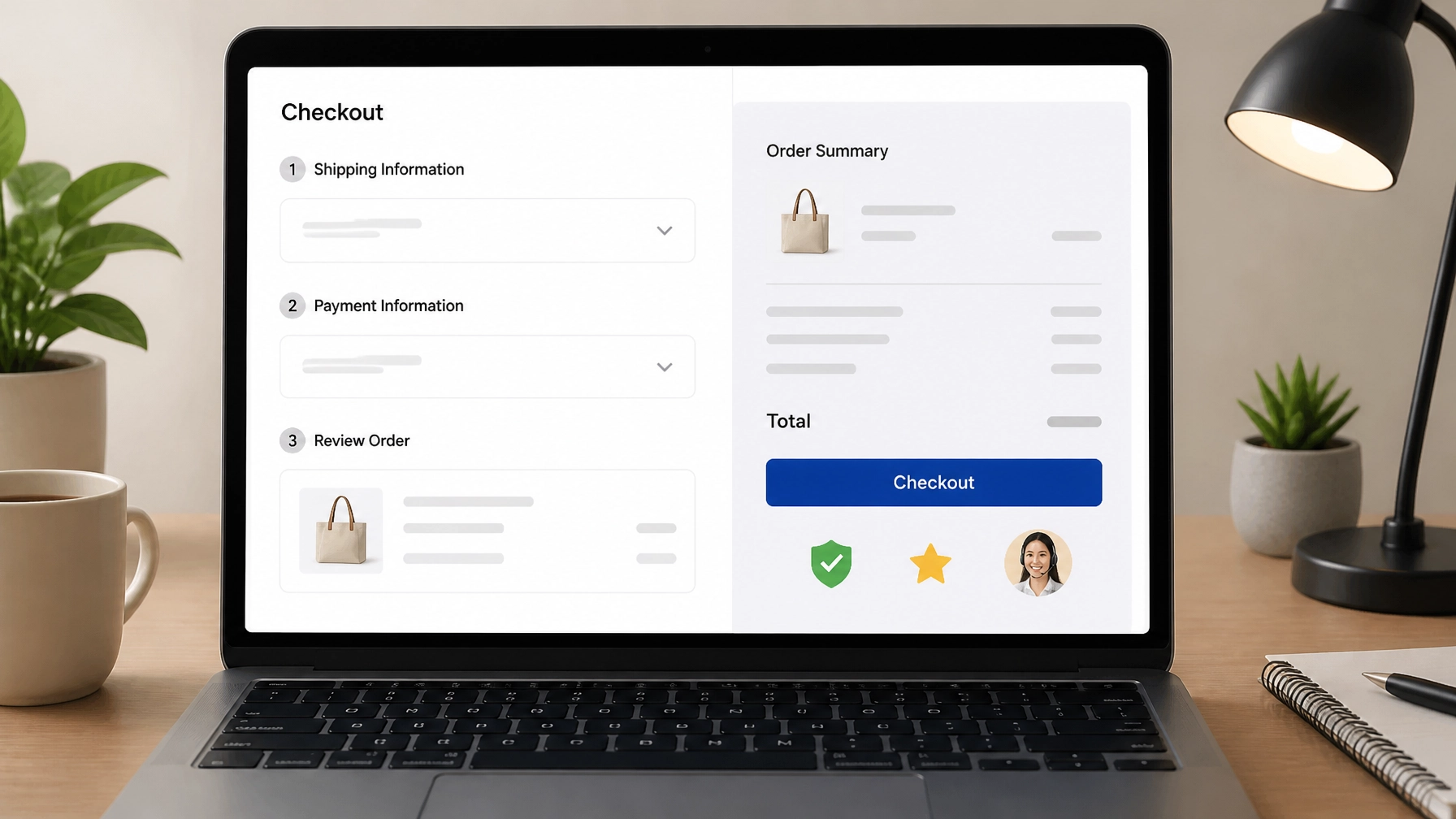 A clean website checkout page on a laptop screen featuring icons of a green shield, a gold star, and a smiling customer support representative.