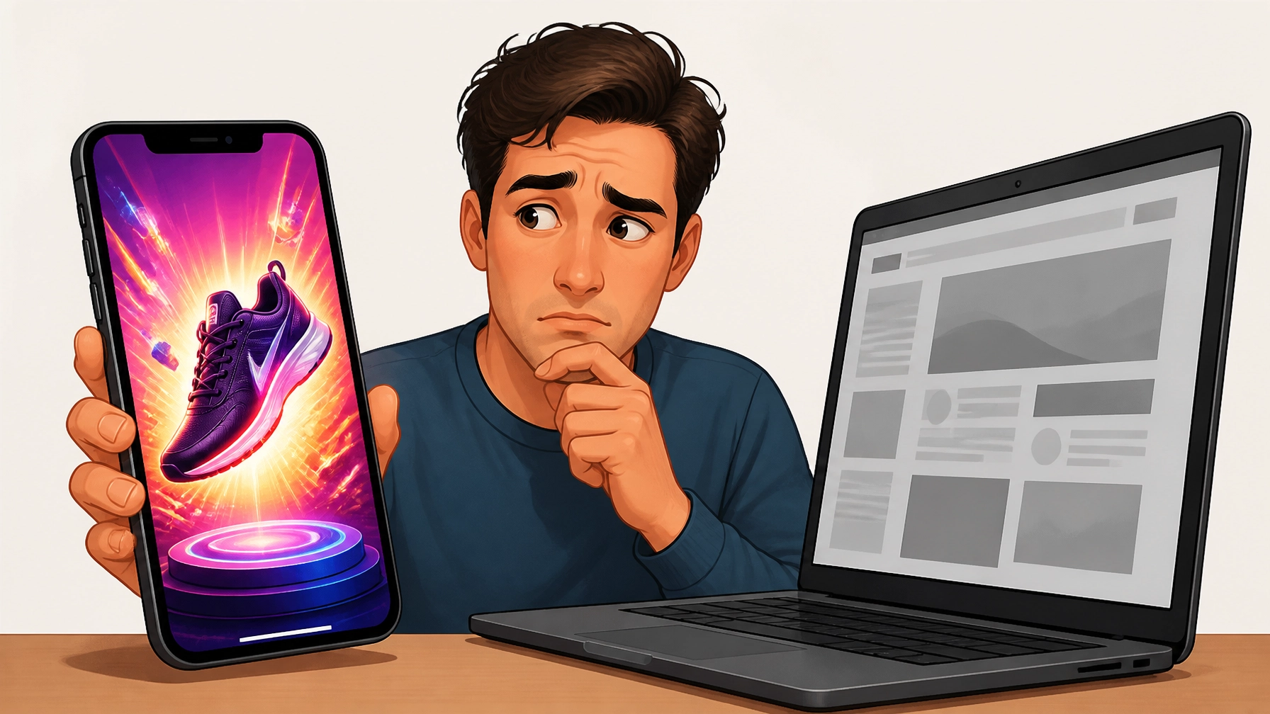 Man looking concerned at smartphone ad and laptop screen illustrating the clarity gap in digital advertising.