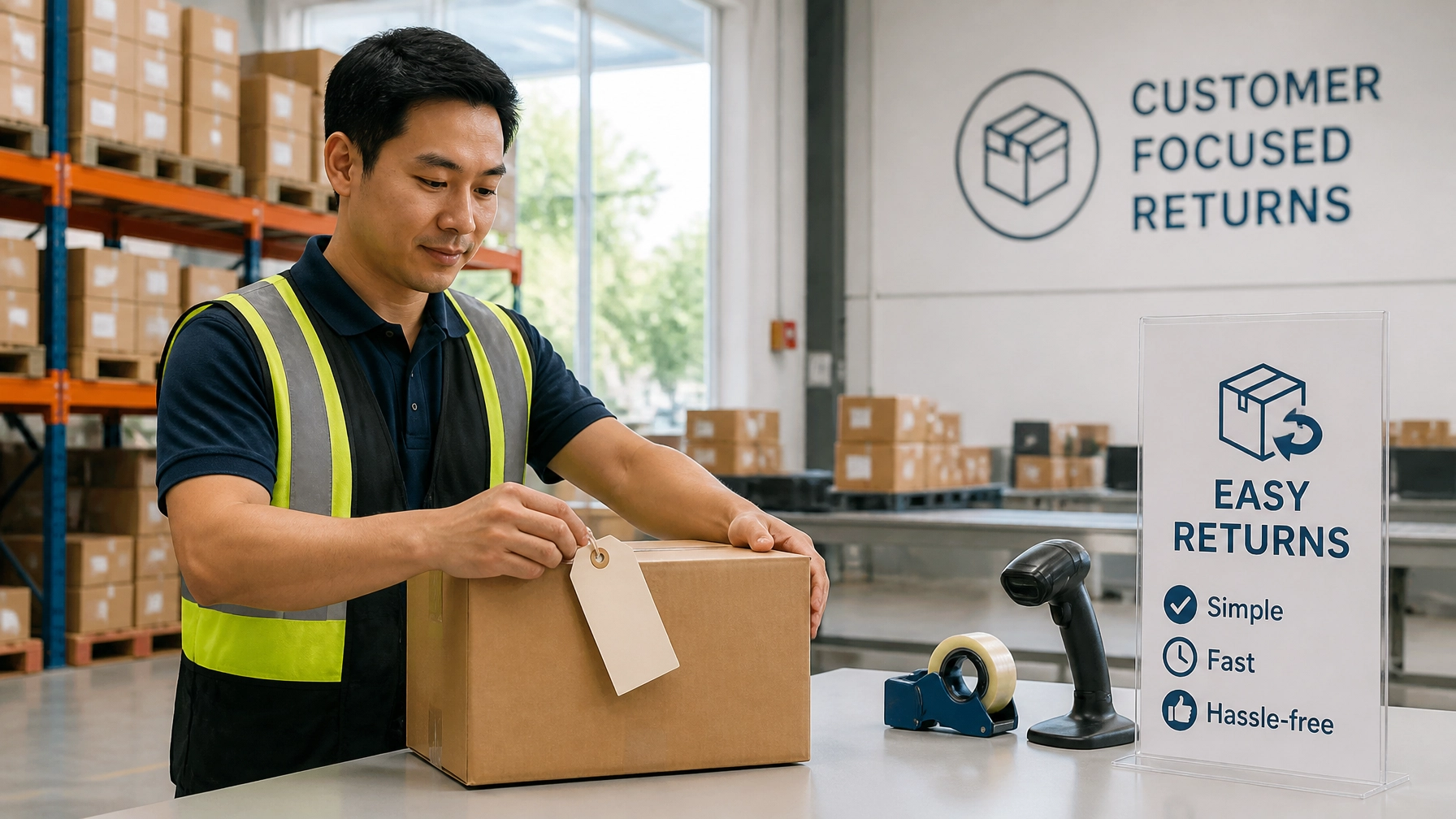 A clean, modern logistics scene where a worker handles a neatly packaged shipping box in a bright, organized warehouse. The image emphasizes easy returns and operational clarity with a minimalist, cartoon-like modern clean realism style.