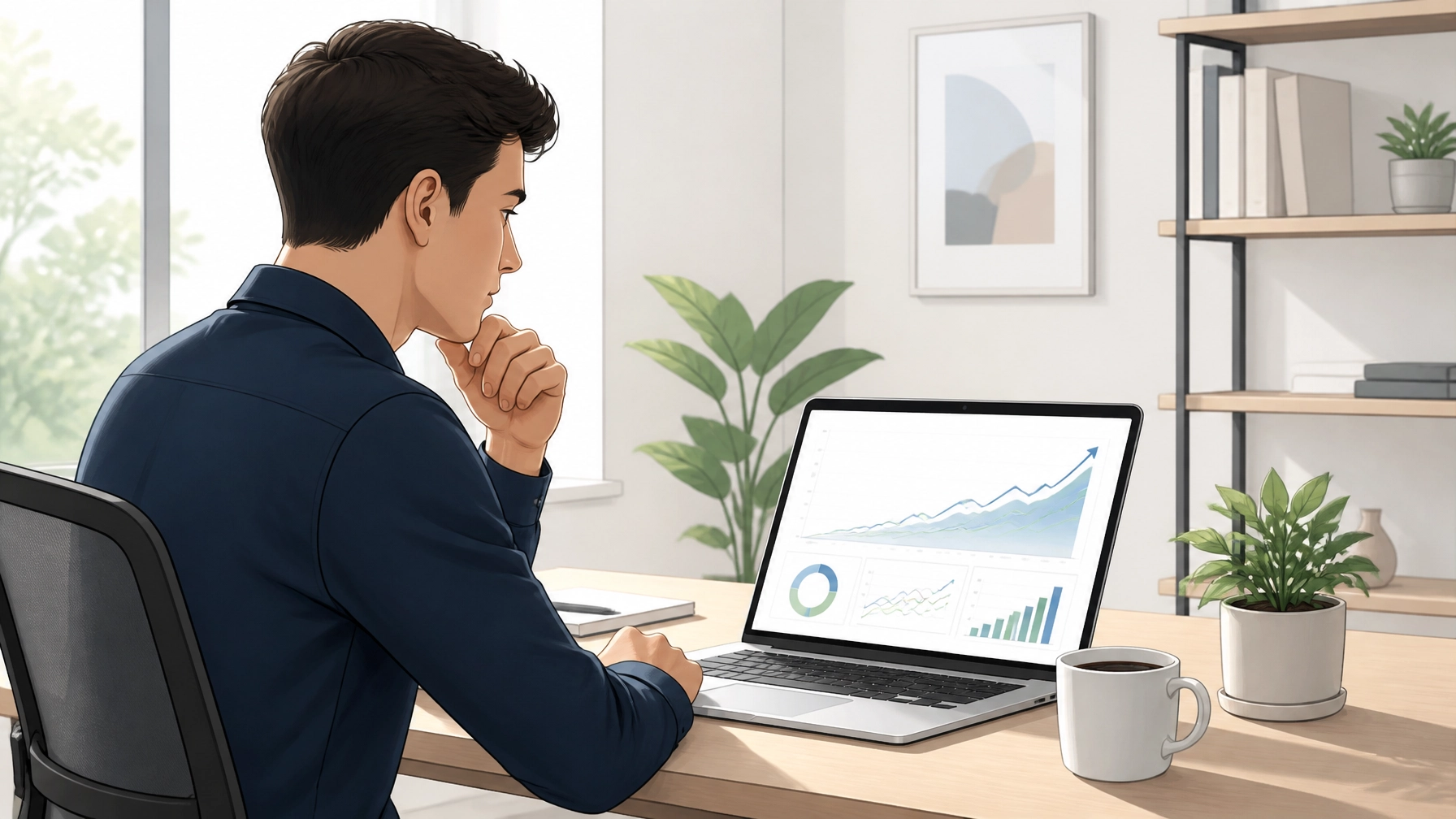 Man analyzing data on laptop screen illustrating growth-oriented content and business solutions.