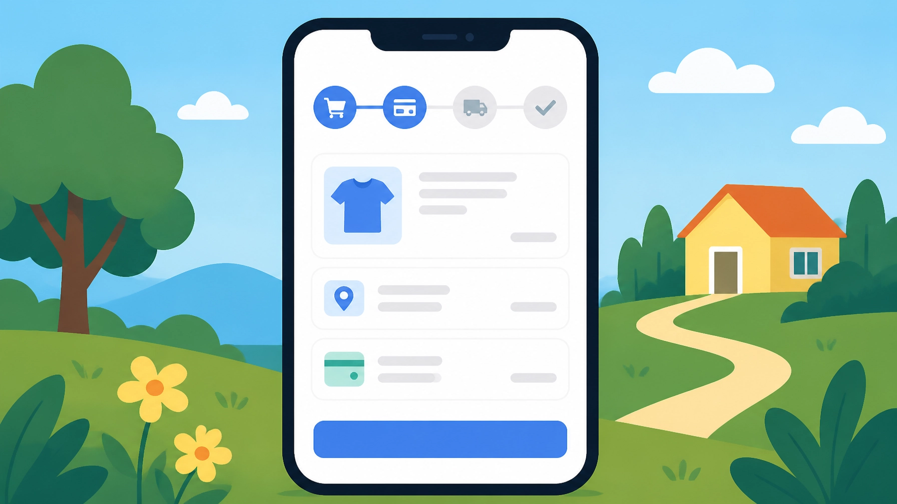 A minimalist, clear checkout progress bar on a smartphone screen, cartoon landscape style.