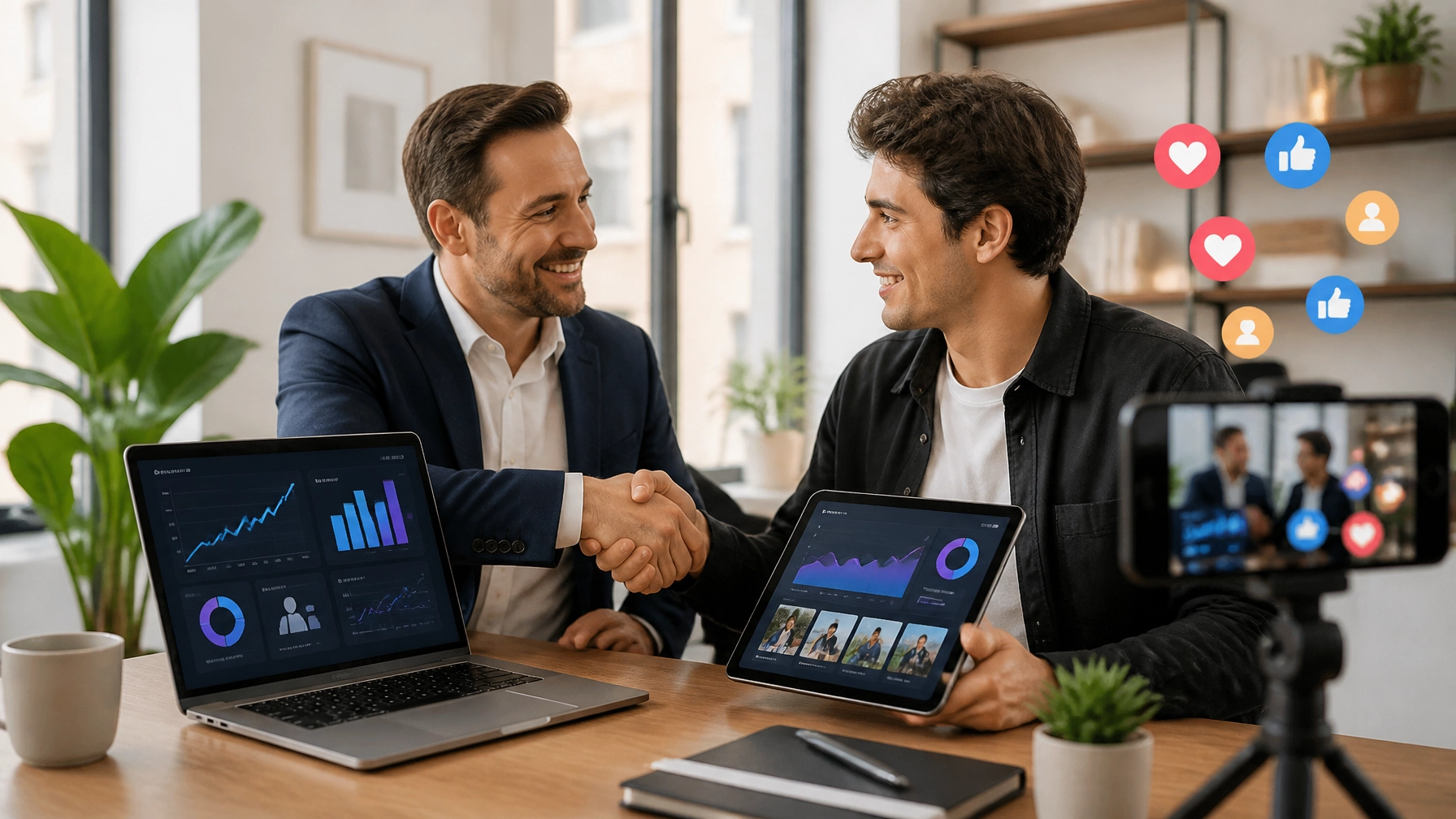 A modern cartoon-style image of a business professional and a content creator reviewing a tablet and laptop with conceptual analytics and social engagement visuals. Their handshake and focused expressions symbolize creator trust and measurable digital influence. Bright office setting, natural light, landscape orientation.