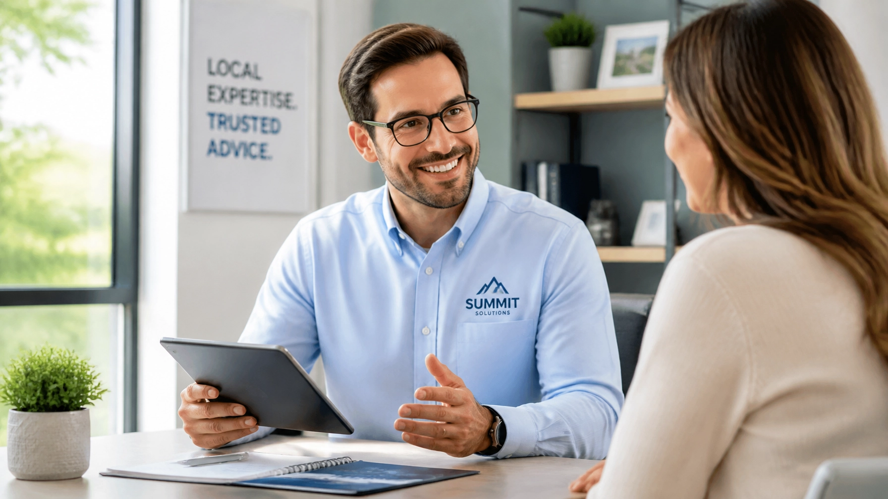 A professional consultant talking to a client with a tablet
