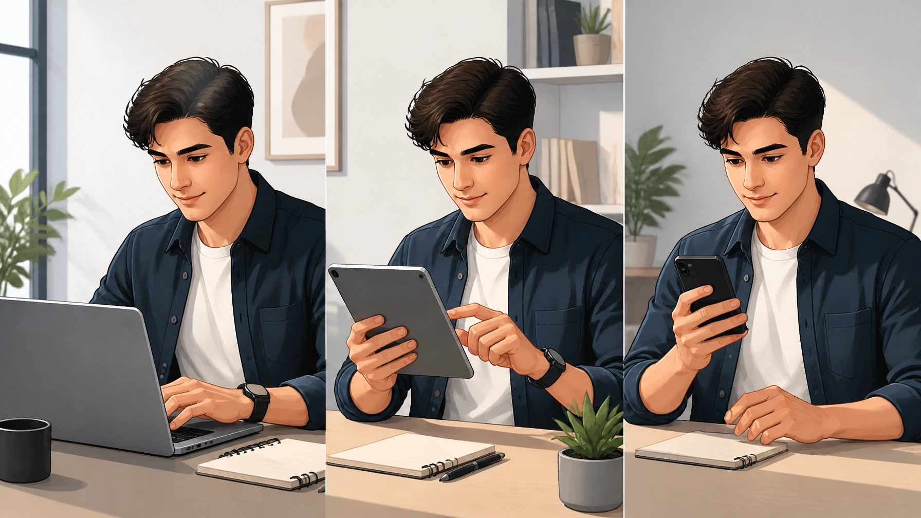 A young professional switching between a laptop, tablet, and smartphone in a bright clean workspace, representing platform-hopping and attention management in a modern cartoon realism style.
