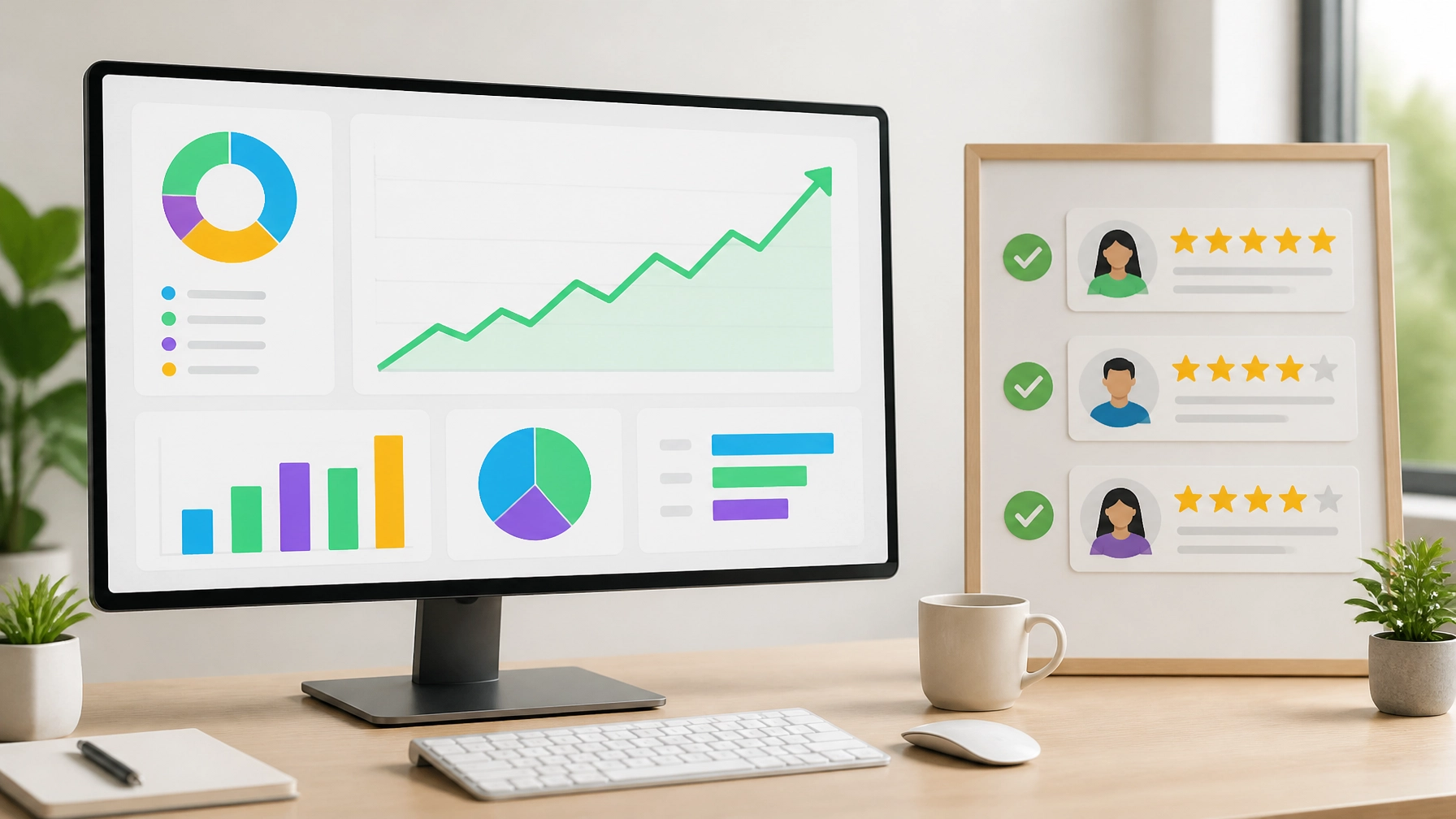 A professional workspace showing trust signals and positive analytics growth
