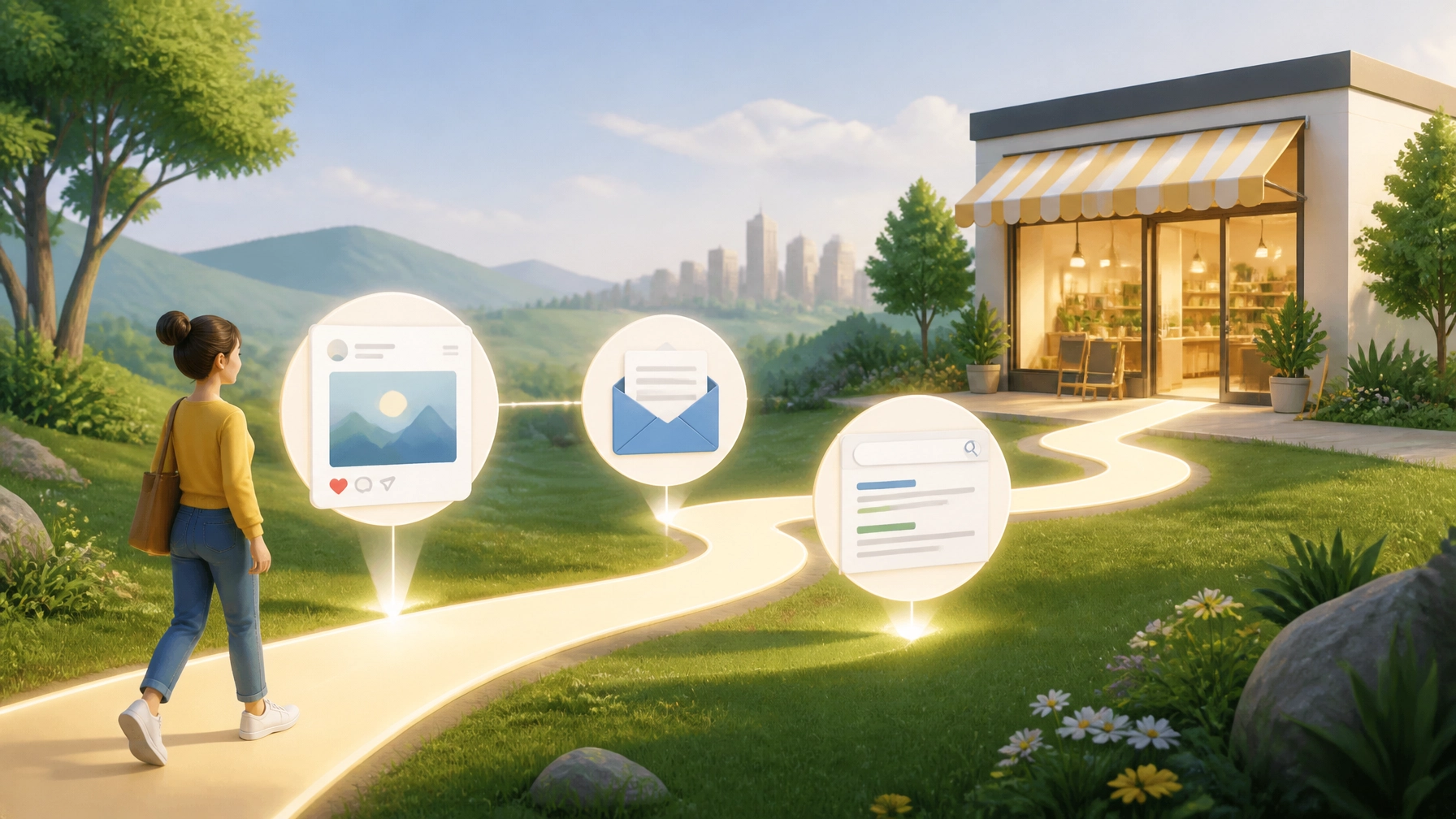 A stylized path showing the multi-step journey of a modern customer