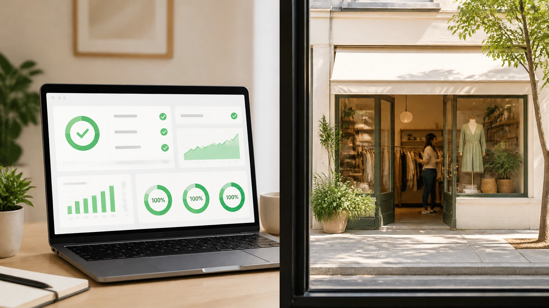 A split view showing a 'perfect' digital dashboard on one side and an empty real-world storefront on the other.