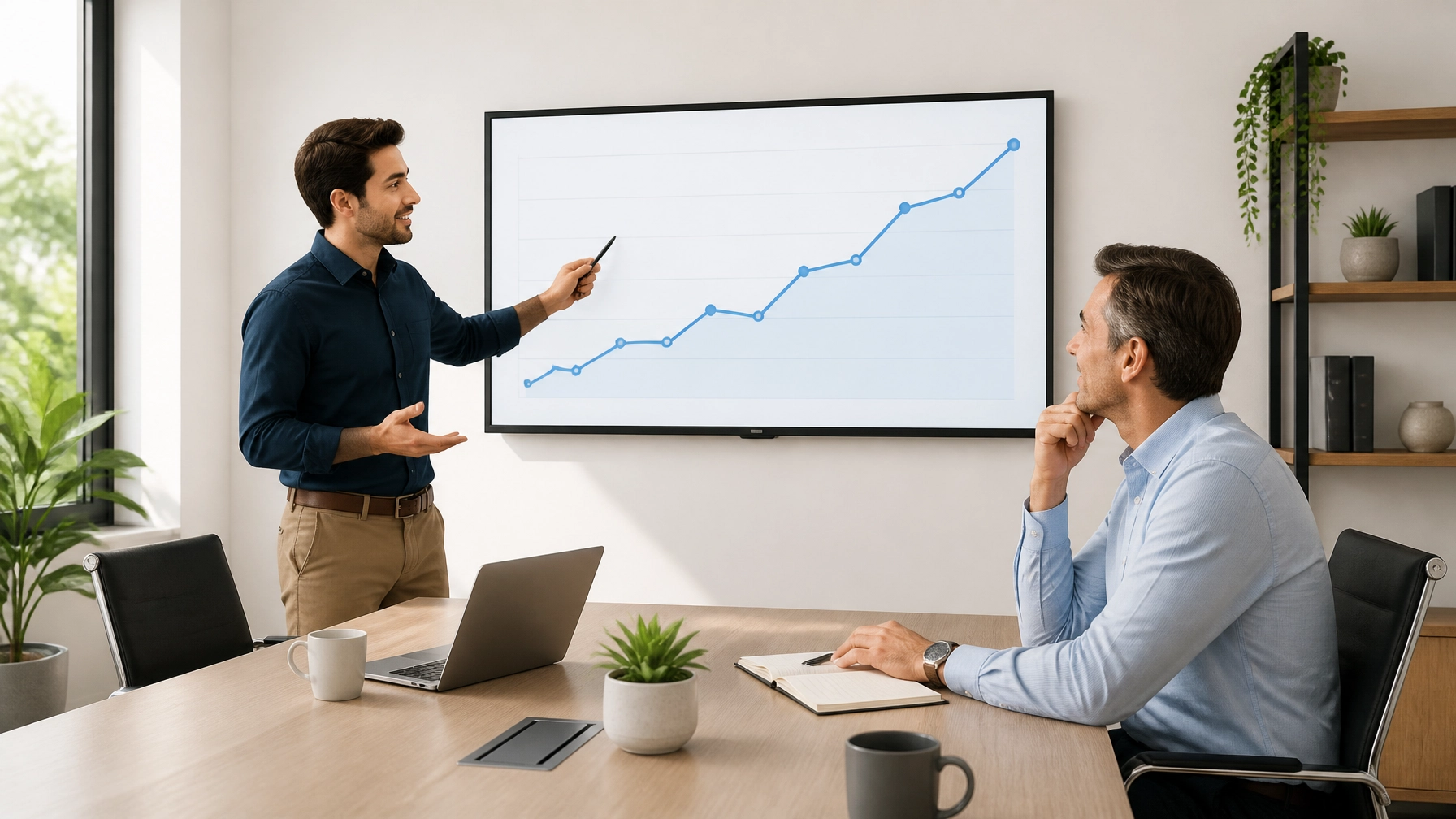 A marketing consultant explaining a clear, simple line graph to a nodding business owner in a clean office.