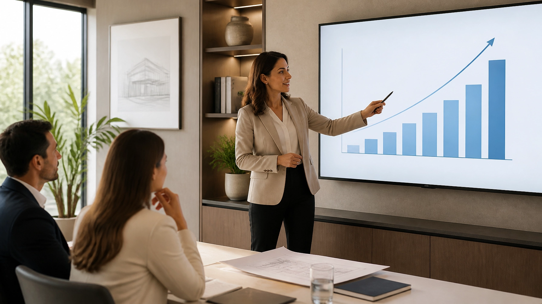 Business presentation showing upward trend chart and demonstrating authority and expertise.
