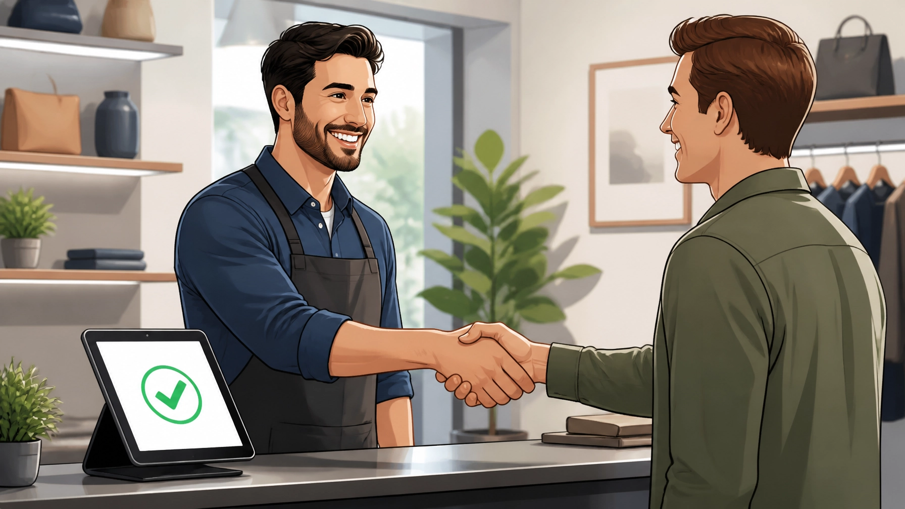 Business owner and customer shaking hands, demonstrating profitable digital advertising and customer acquisition.