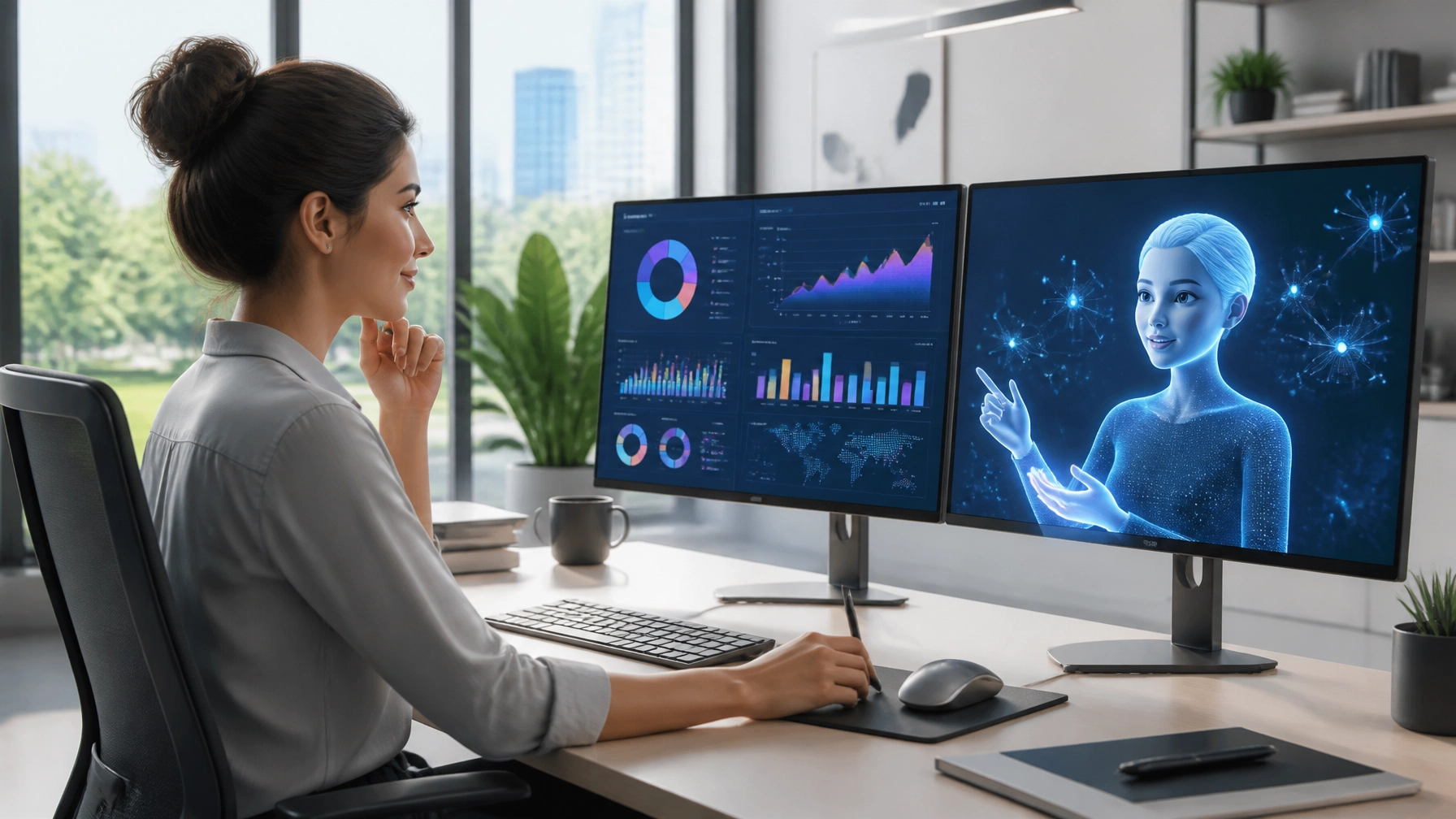 A marketing analyst collaborating with a digital AI assistant on a complex data visualization project