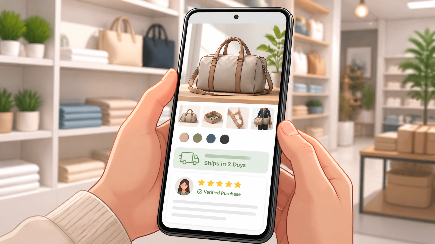 Hands holding a smartphone displaying a 'Verified Purchase' review and fast shipping badge.