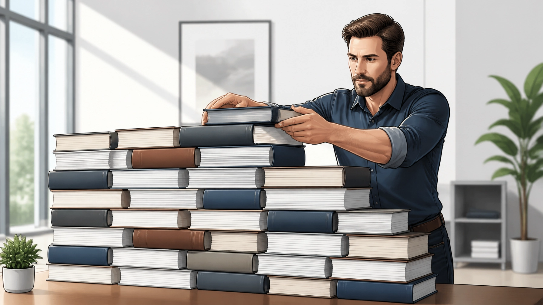 A professional builder in a modern office setting carefully stacking thick, high-quality books and documents to form a sturdy wall, symbolizing the concept of a 'Content Moat'.