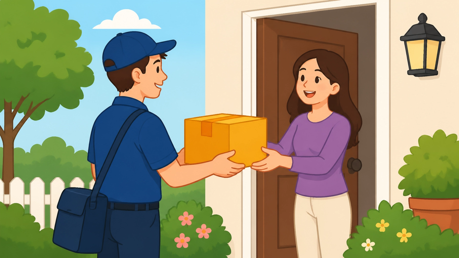 A friendly delivery person handing a bright box to a customer, cartoon landscape style.