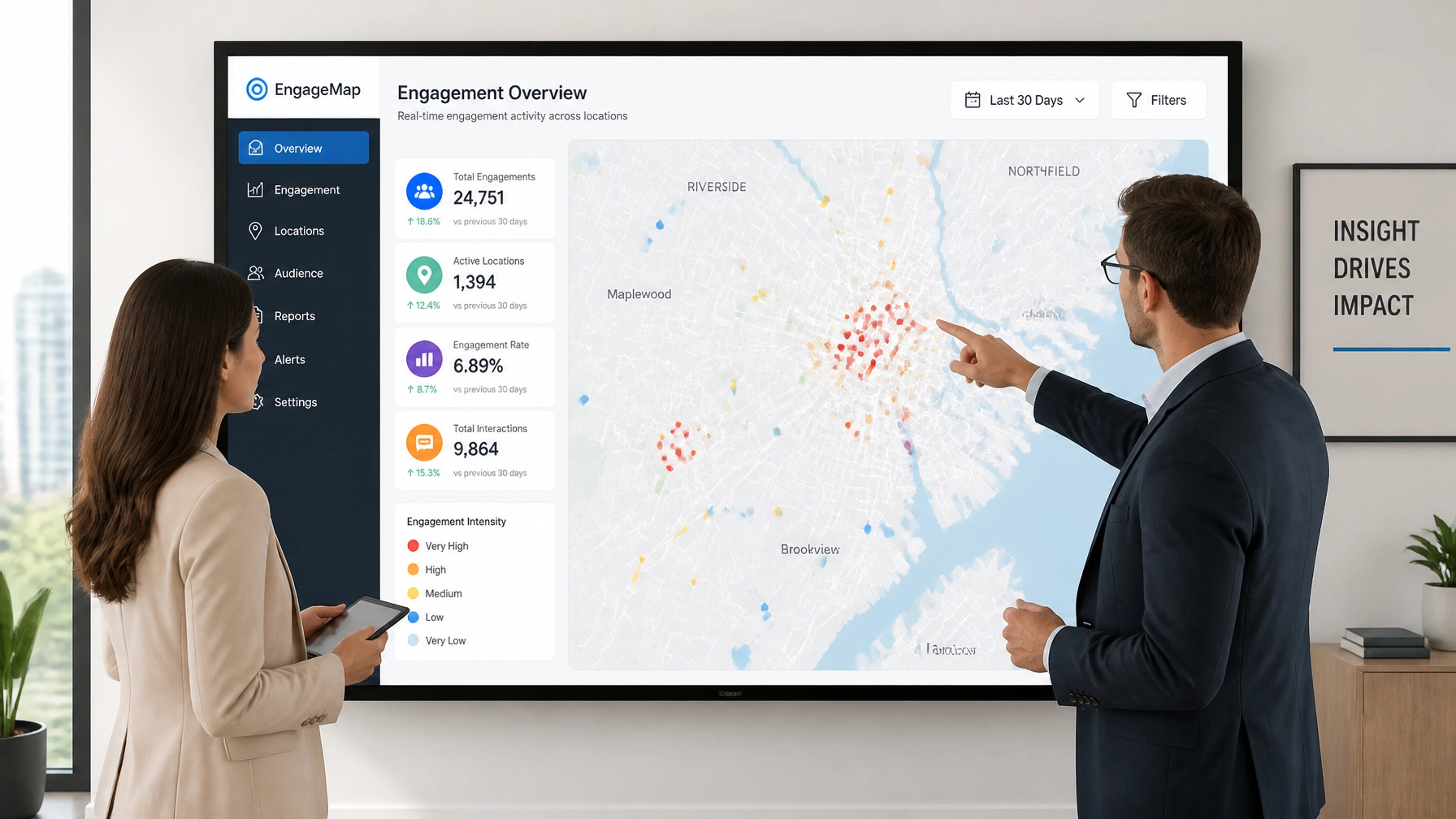 Two professionals gesturing toward localized data on a screen