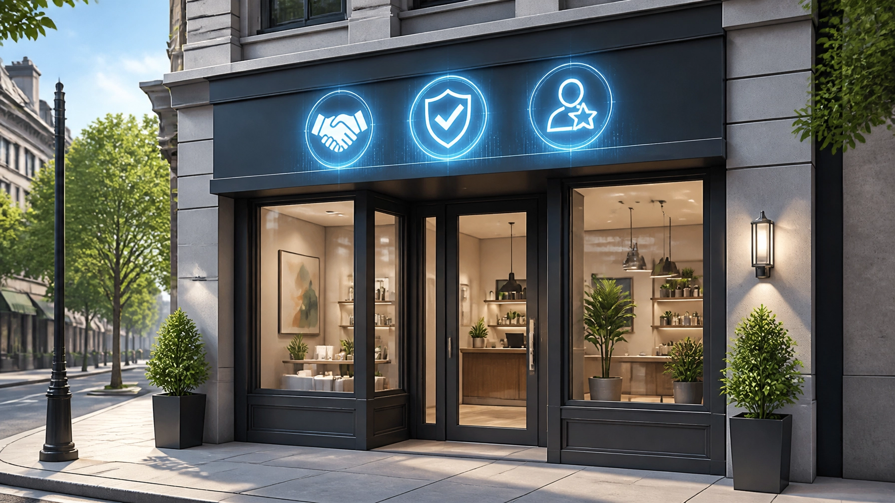 Brand authority and trust building, illuminated storefront with icons representing expertise, security, and customer focus.