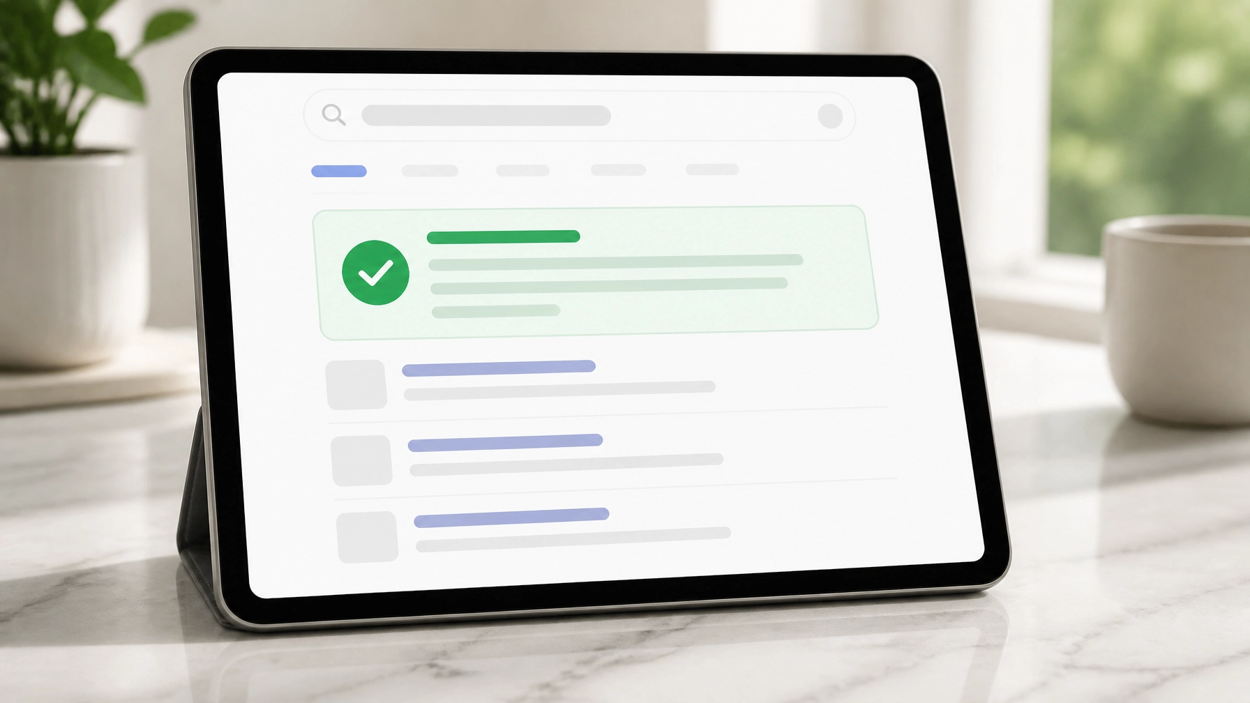 Tablet displaying Google search results with a clear, definitive answer and a checkmark icon.