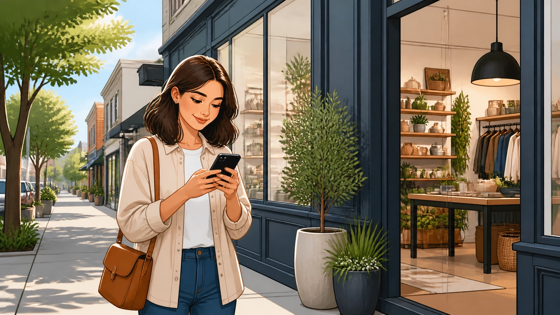 A modern, clean retail storefront on a quiet street, with a customer looking at their phone and smiling.