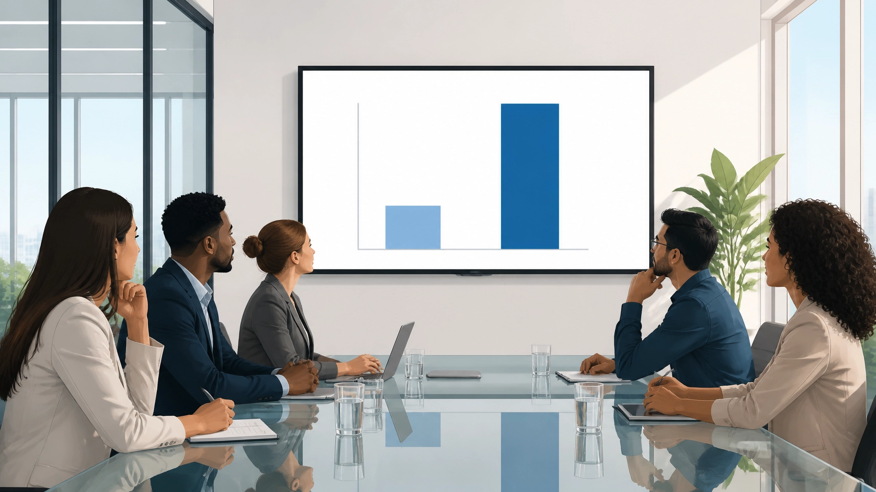 A team of professionals in a modern conference room analyzing a strategic intelligence chart on a large monitor