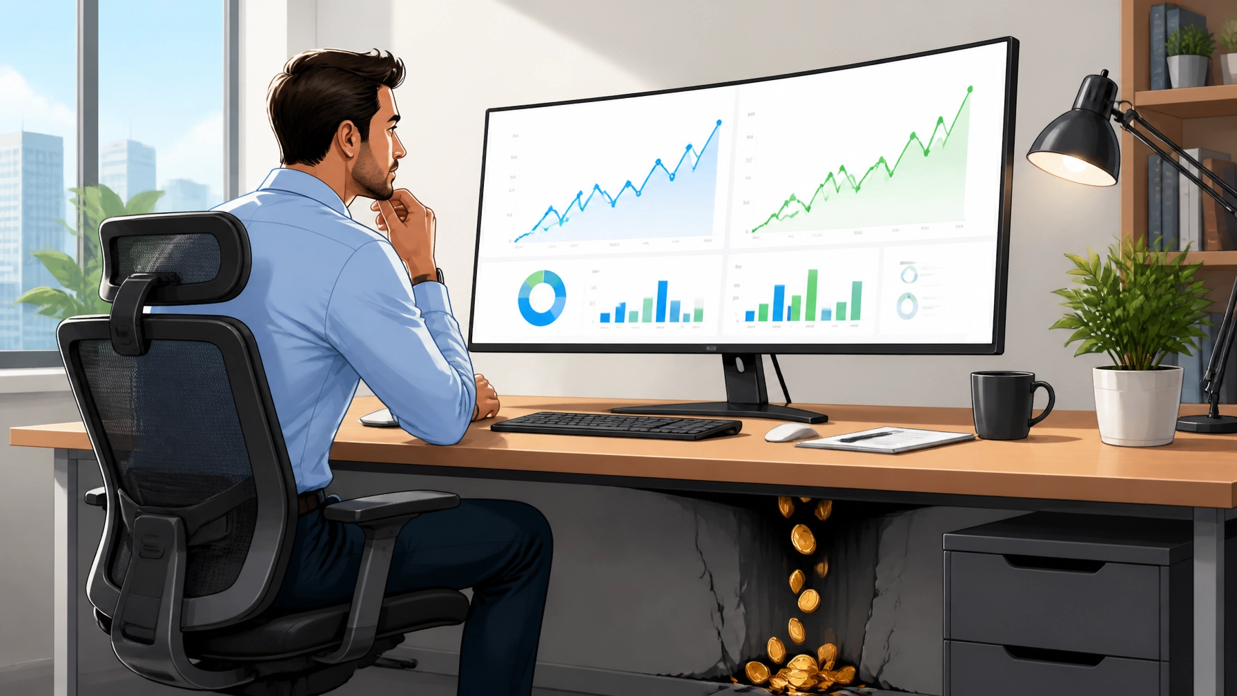 N44IgtpWABA Man analyzing digital advertising performance charts on a large monitor, illustrating ROI challenges.