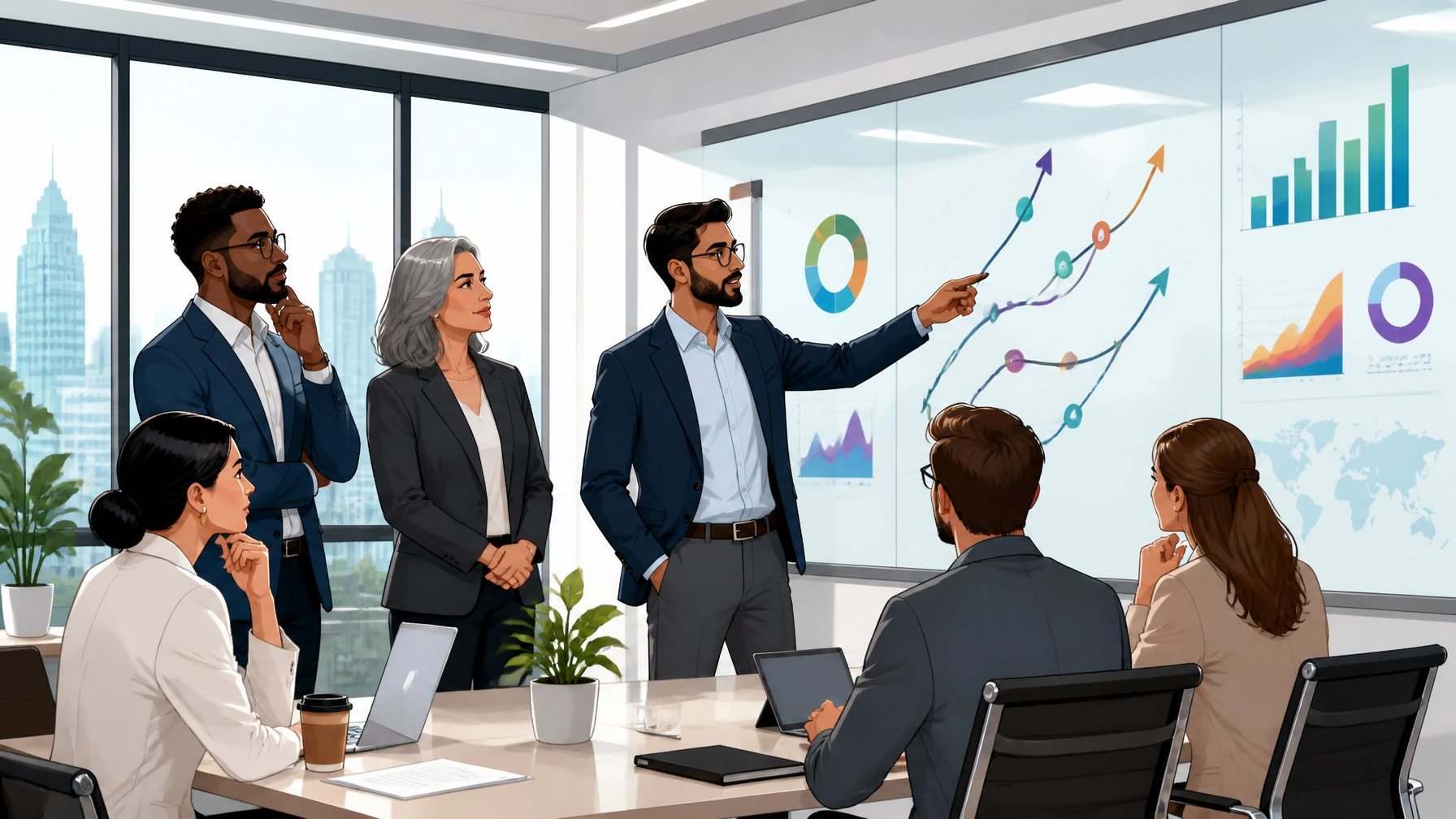A leadership team collaborating in a modern conference room using high-tech digital strategy tools.