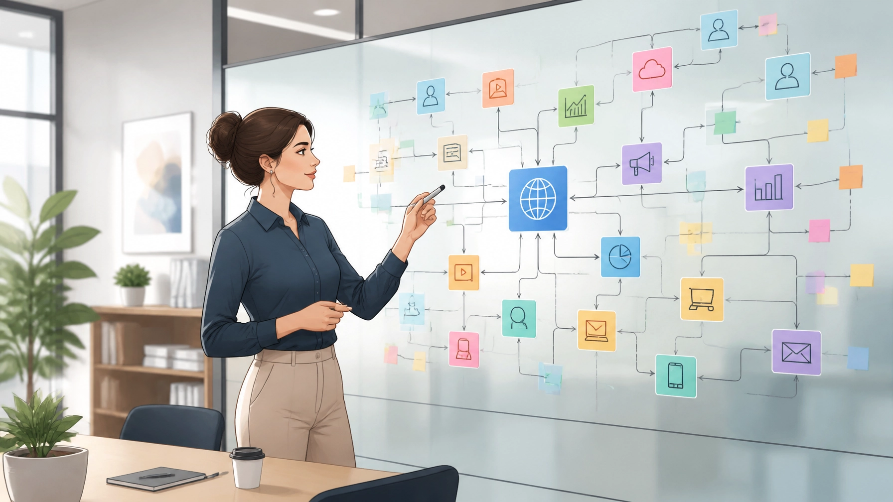 Woman presenting content strategy flowchart illustrating building long-term digital assets and authority.
