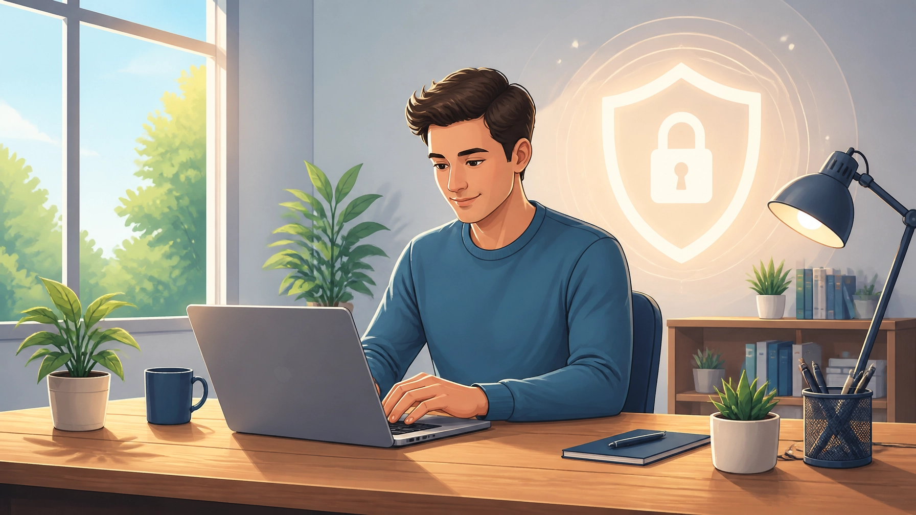 A person using a laptop in a secure, transparent digital environment representing trust and data ethics.