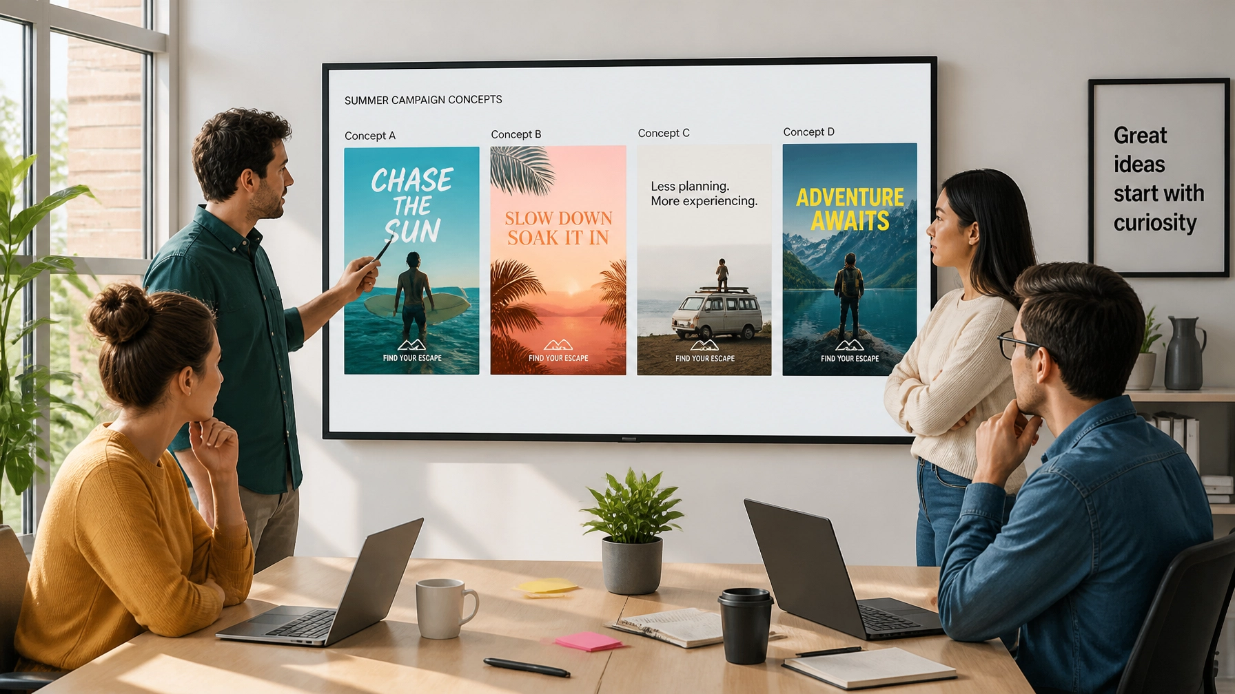 A creative team in a bright workspace collaborating and comparing different ad designs on a screen.