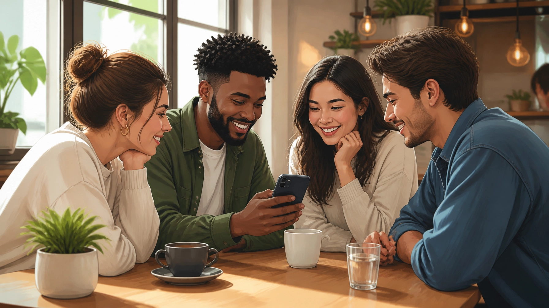 A group of people in a cafe engaged in a meaningful discussion over a phone