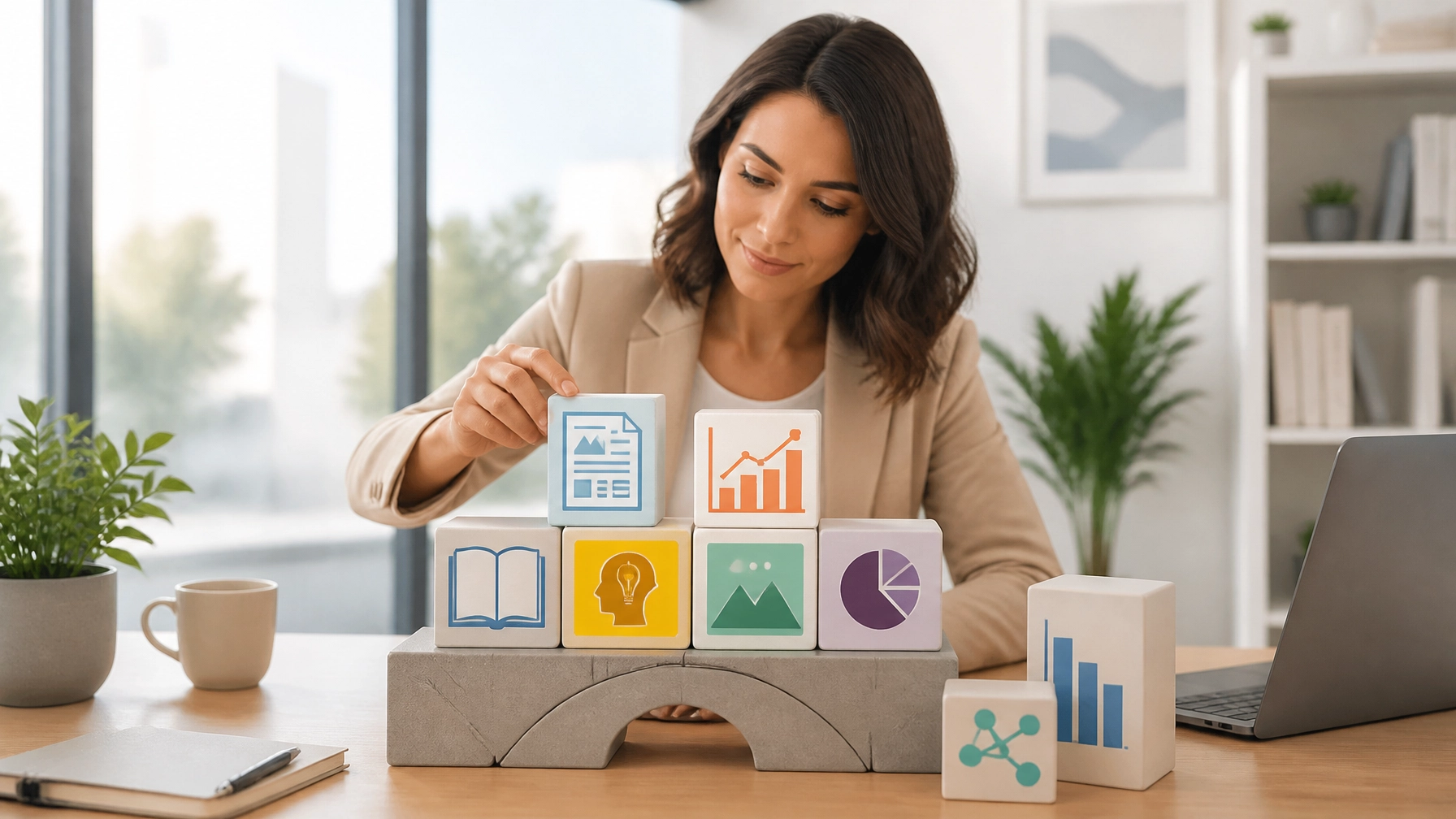 Business professional arranging blocks representing SEO strategies and data analysis.