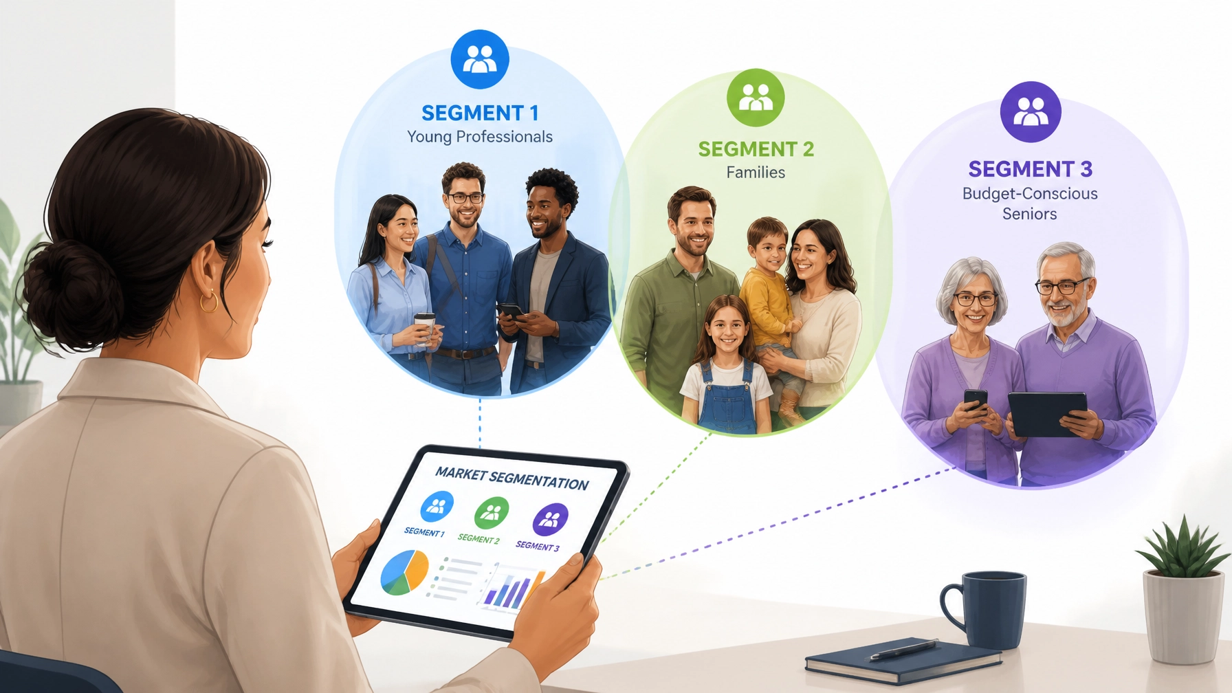 A cartoon-like modern clean realism illustration showing a diverse group of people categorized into three distinct, colorful floating bubbles representing market segmentation.