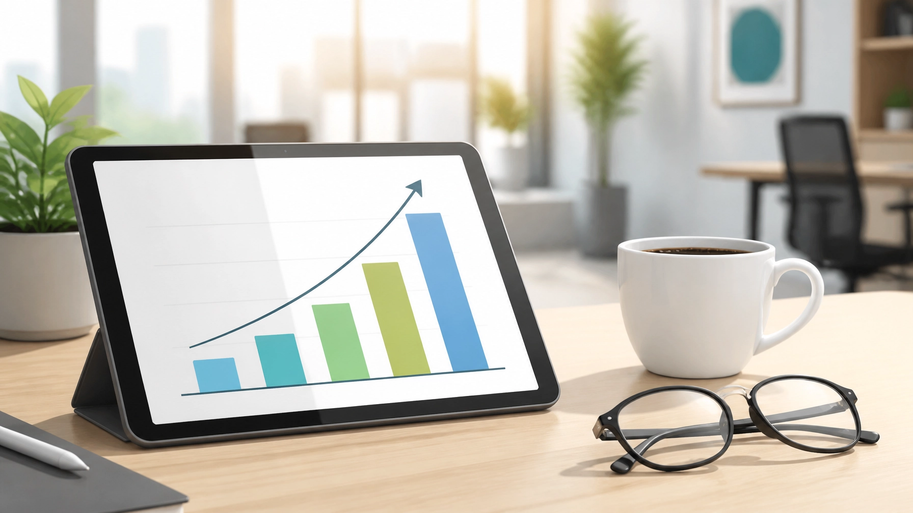 A tablet on a clean desk showing a simple chart representing Customer Lifetime Value.