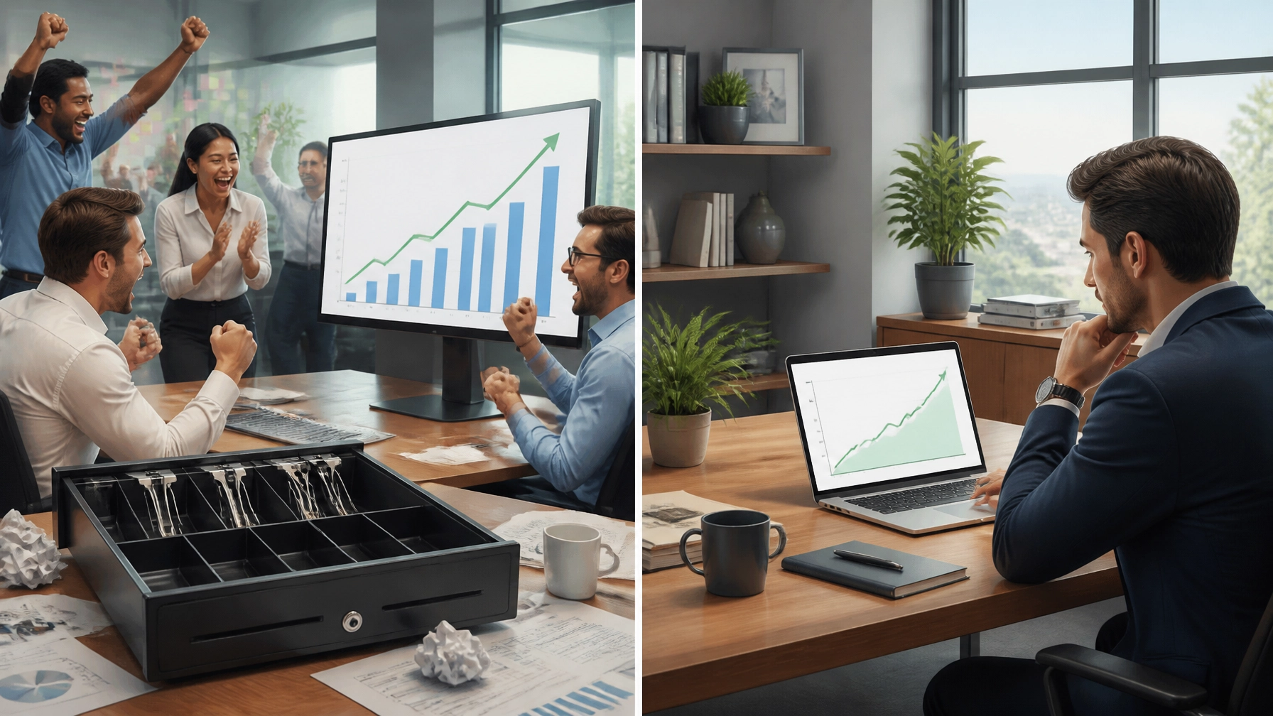 Team celebrating upward trending graph and profitable acquisition in a modern office setting.
