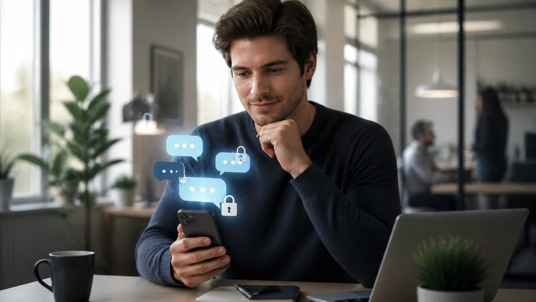 Private digital conversations represented by glowing chat bubbles and subtle lock icons over a softly blurred modern office background, styled in clean cartoon realism to match the themes of trust and psychology.