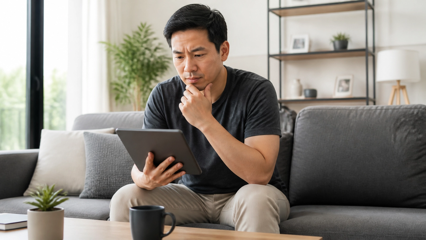 Man looking concerned at tablet illustrating e-commerce hesitation and silent objections.