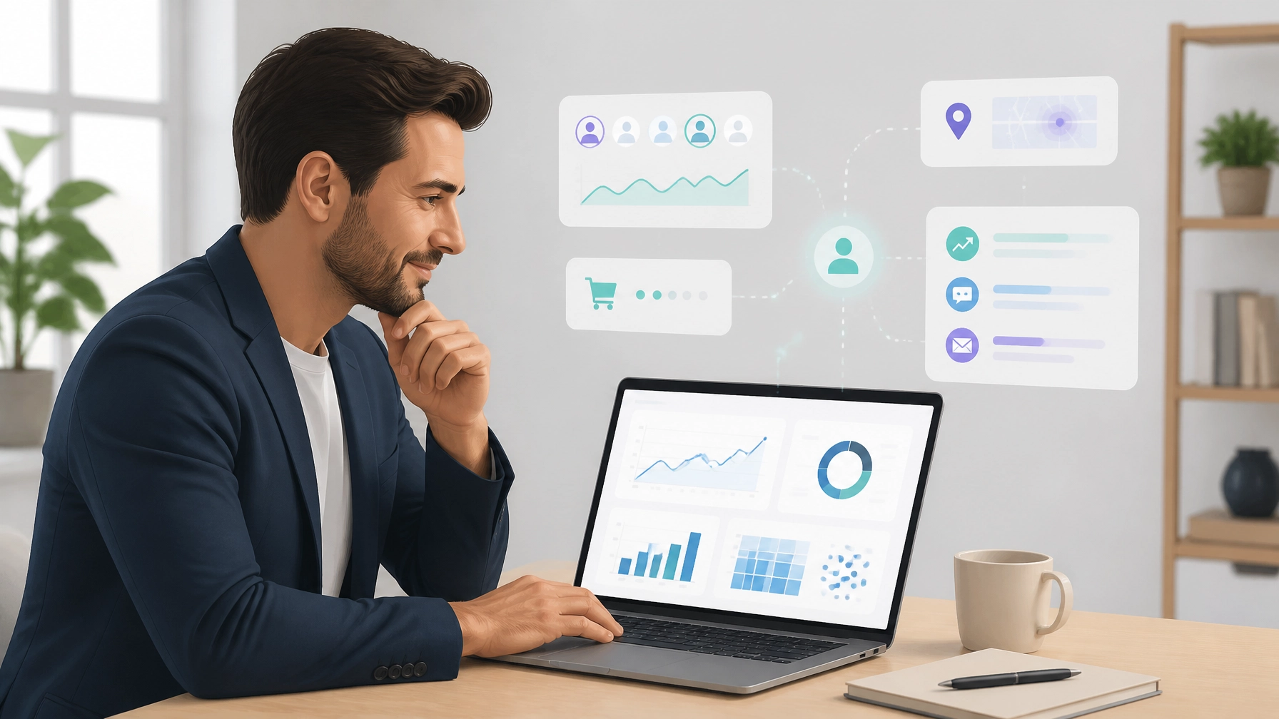 A business owner reviewing a clean laptop dashboard while behavioral signals and contextual recommendations appear as subtle visual cues for real-time optimization. Cartoon-style modern clean realism with bright lighting and a clear focal point.