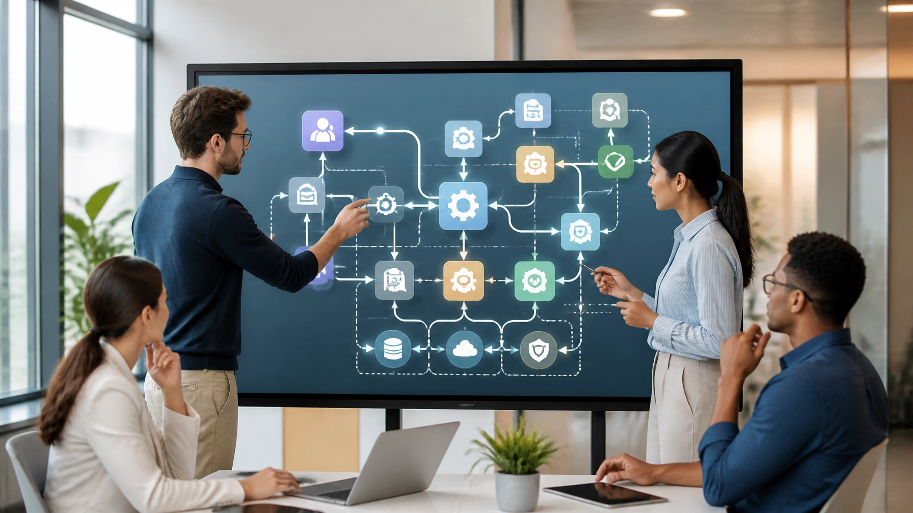 A collaborative business team gathered around a large screen with connected workflow nodes and service tasks that represent strategic AI orchestration. The style is modern clean realism with bright colors and a practical, future-ready feel.
