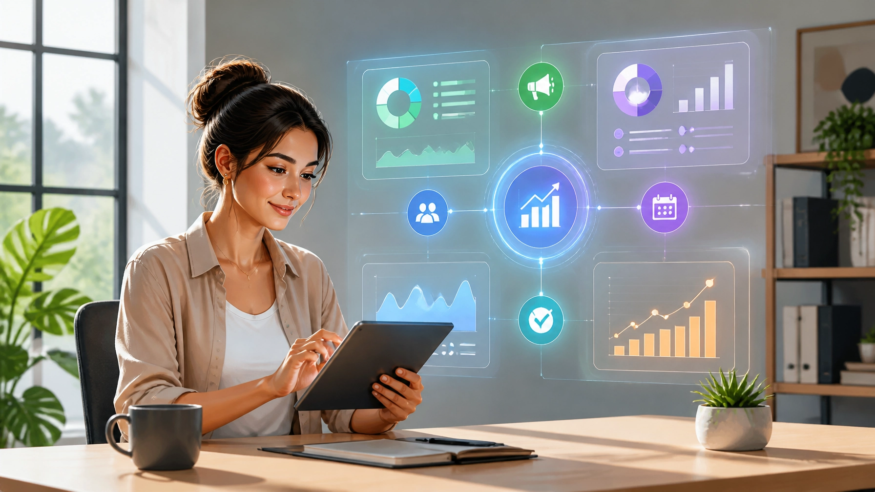 A modern entrepreneur in a bright office using a tablet while an intelligent dashboard coordinates marketing, scheduling, and growth signals through a streamlined interface. Cartoon-style clean realism with a future-ready, practical feel.
