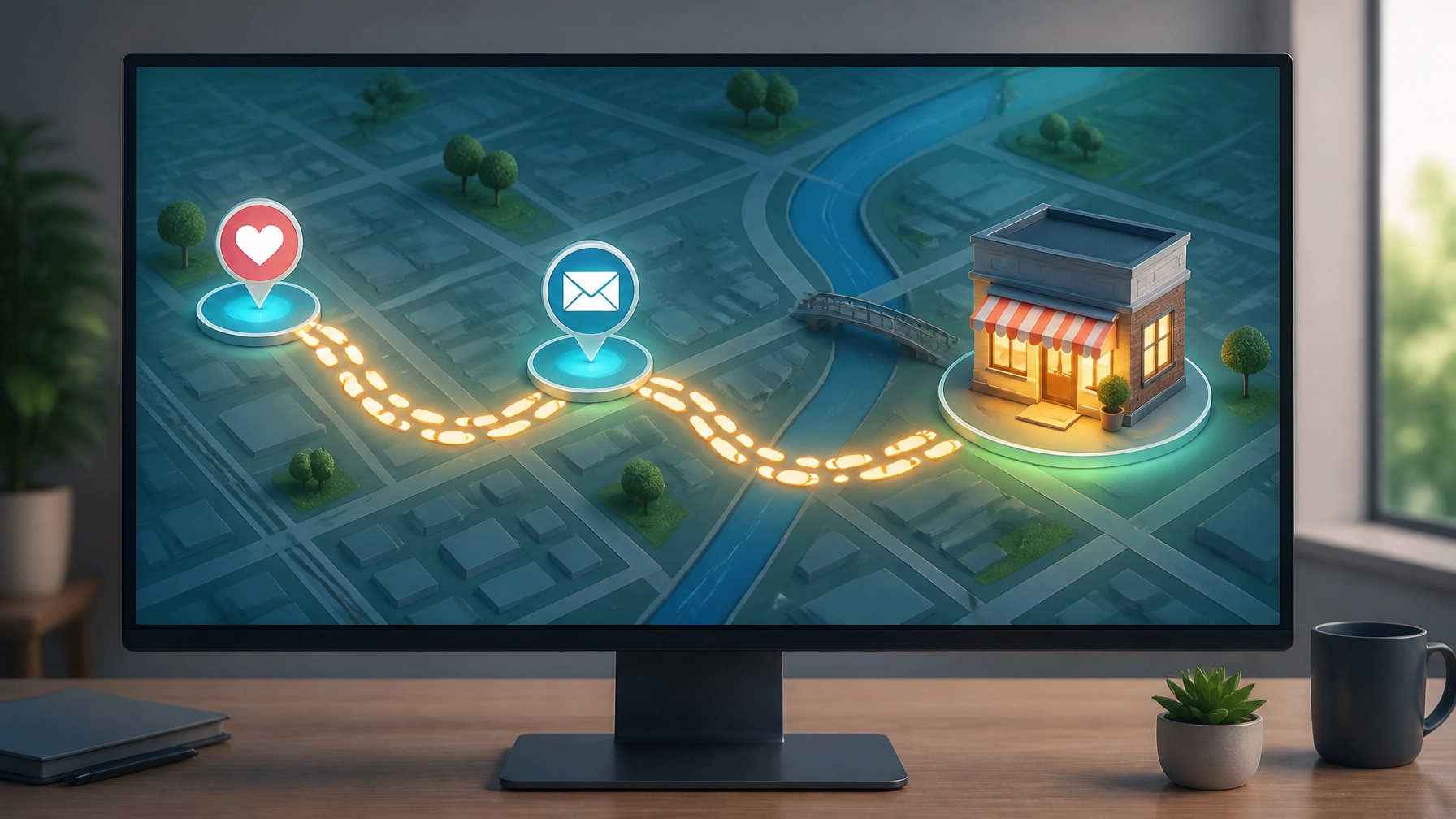 A conceptual digital map showing a path through various touchpoints leading to a physical shop building.