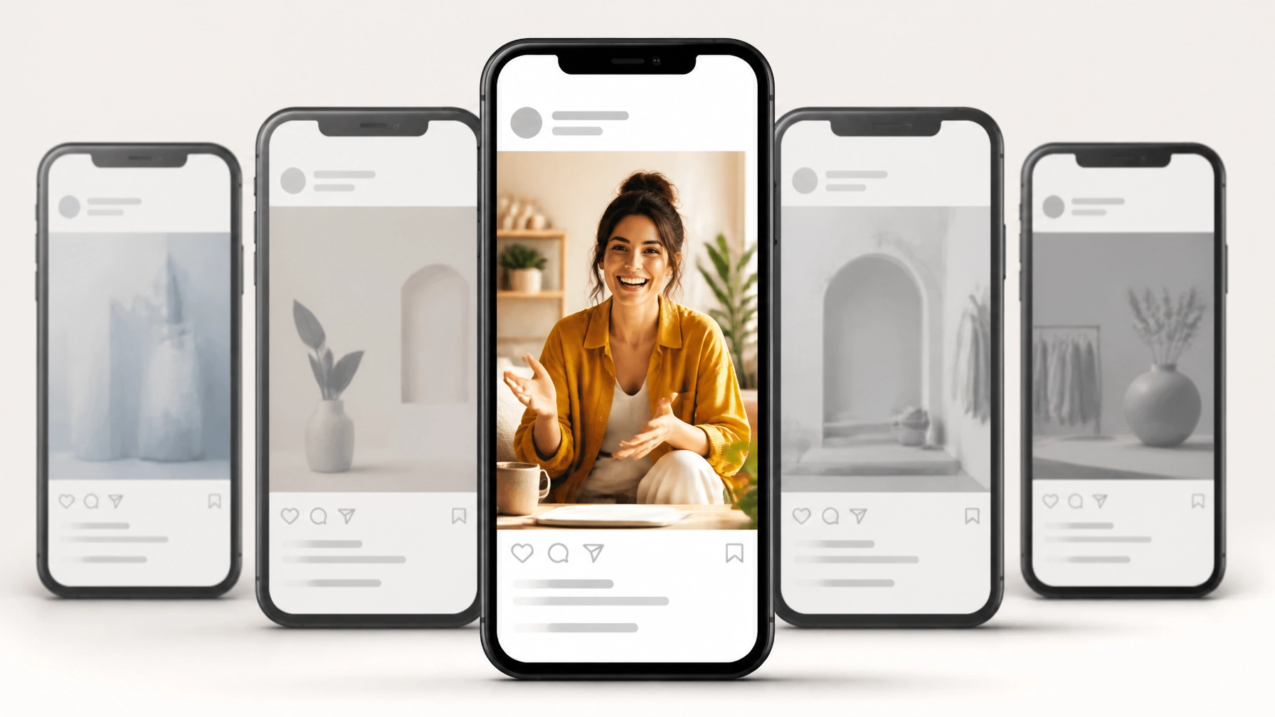 Several muted generic social posts on smartphone screens with one standout human-centered creator post in the middle, illustrating how authenticity breaks through sameness in a clean cartoon realism style.