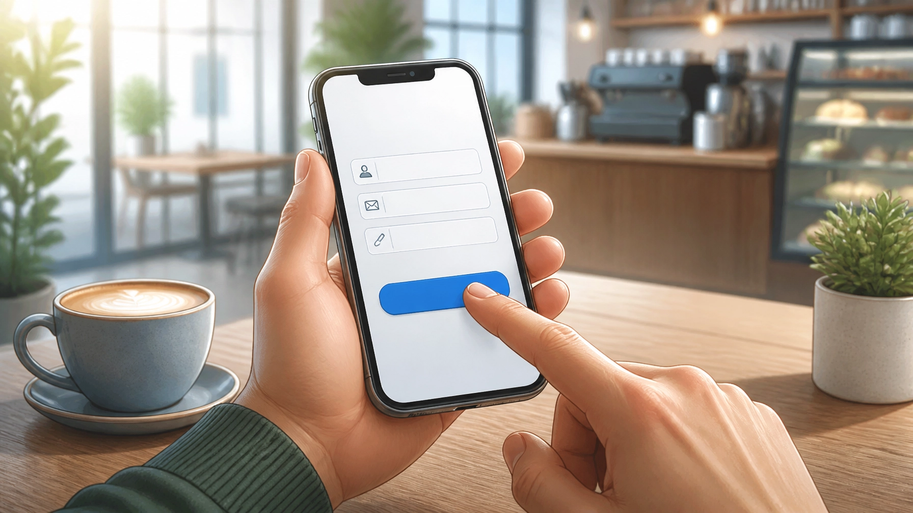 Hands holding a smartphone in a bright coffee shop, tapping a simple three-field contact form with ease.