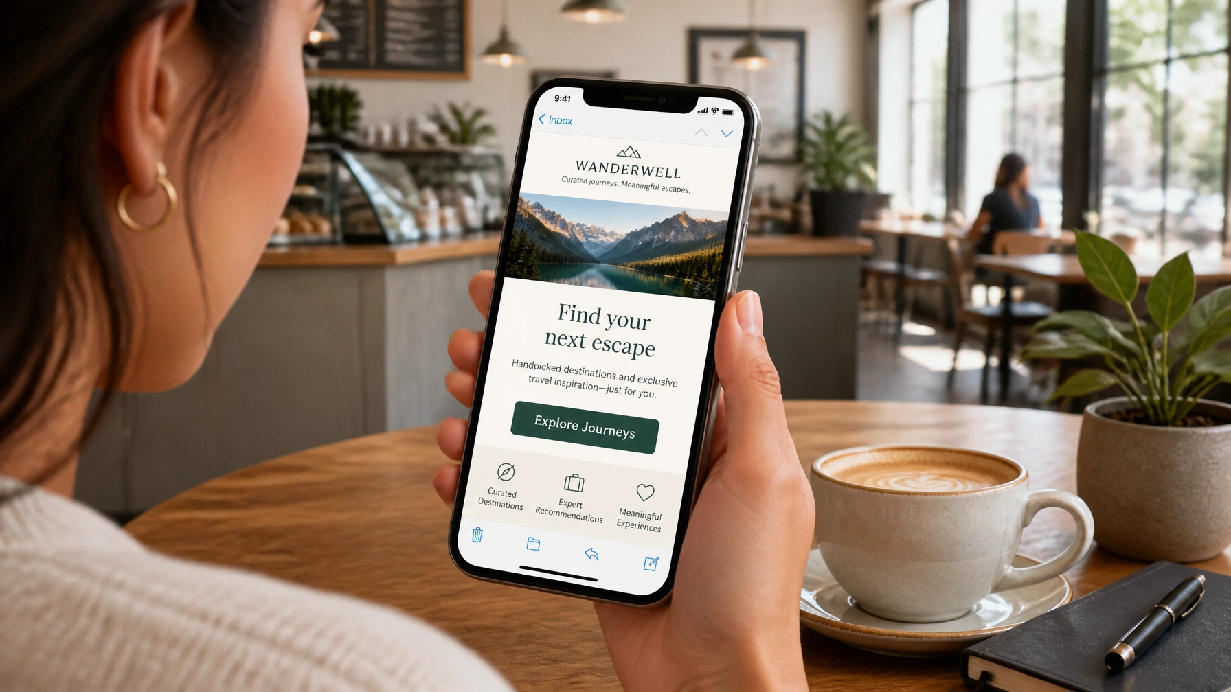 A cartoon-like modern clean realism illustration of a person holding a smartphone, looking at a beautifully formatted email.