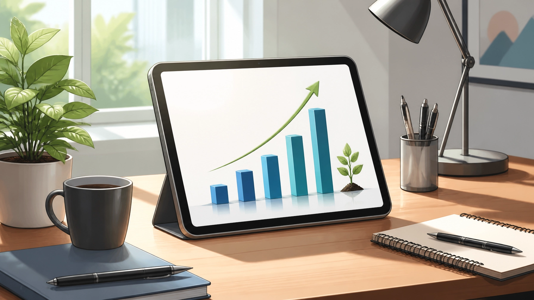 An organized office desk with a tablet showing a growing bar chart, symbolizing successful growth and clarity.