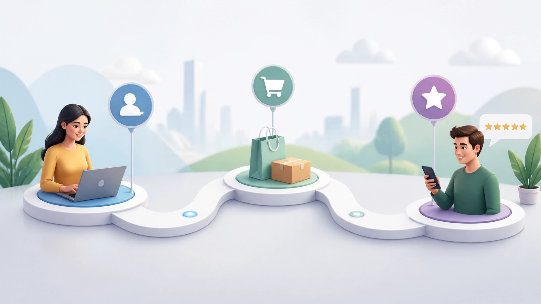 A cartoon-like modern clean realism illustration of a digital timeline or pathway representing a customer journey.
