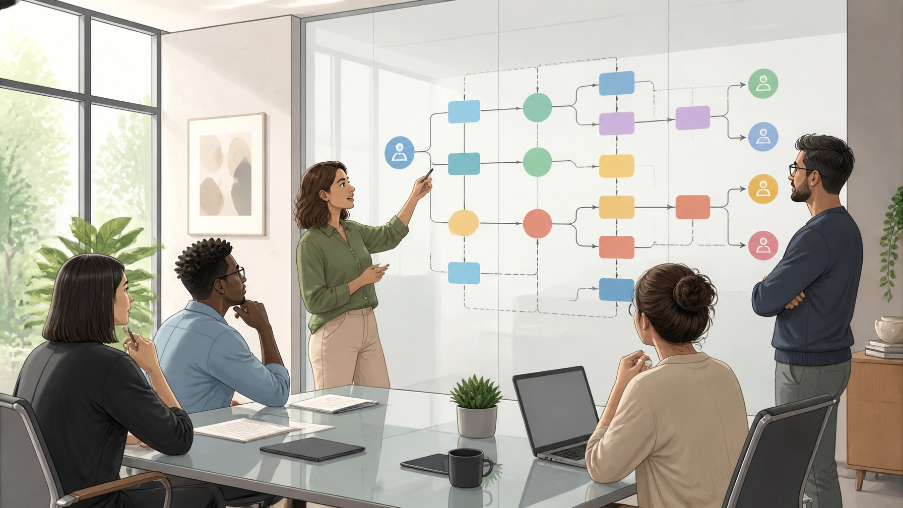 A professional team mapping out user intent and customer journeys on a large glass wall.