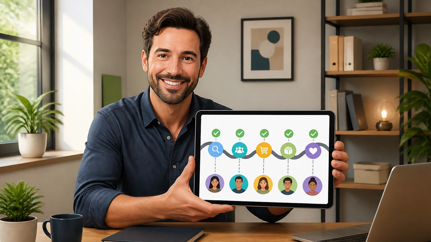 Man holding tablet displaying customer retention lifecycle and email marketing icons.